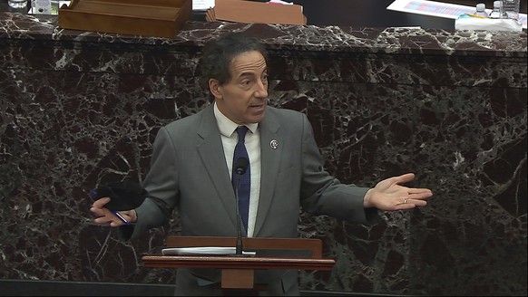 In this image from video, House impeachment manager Rep. Jamie Raskin, D-Md., agrees to strike some of their impeachment prosecution comments after Sen. Mike Lee, R-Utah, objected during the second im ...