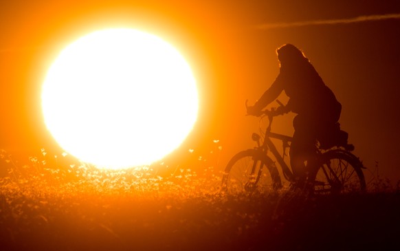 18.02.2019, Niedersachsen, Hannover: Ein Fahrradfahrer faehrt ueber einen Feldweg, als am Horizont die Sonne aufgeht. (KEYSTONE/DPA/Julian Stratenschulte)