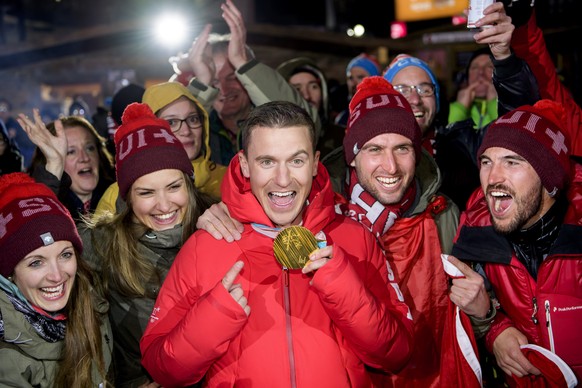 Gold medal winner Nevin Galmarini of Switzerland celebrates at the House of Switzerland after the Snowboard Parallel Slalom event during the XXIII Winter Olympics 2018 in Pyeongchang, South Korea, on  ...
