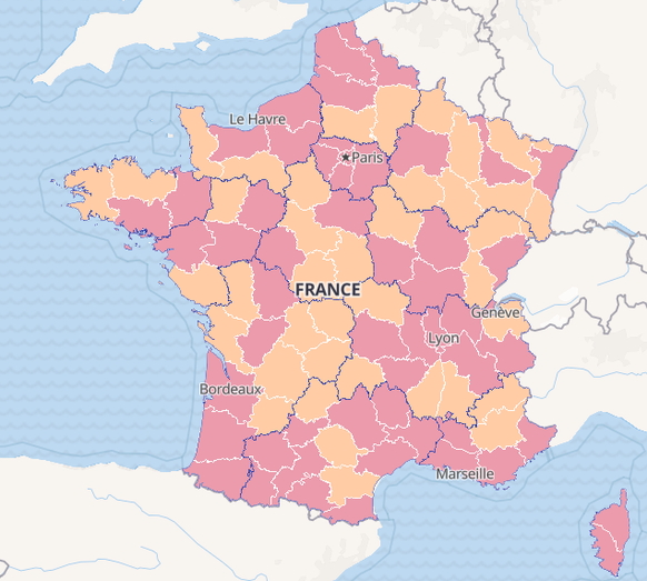 Je röter desto schlimmer: Die Karte zeigt die Anzahl Coronafälle in Frankreich und welche Gebiete zurzeit schwer betroffen sind.