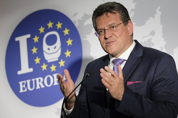 epa07591997 European Commission Vice-President Maros Sefcovic attends the naming ceremony of new Railway line Europa / Europe at Brussels Midi station in Brussels, Belgium, 22 May 2019. Deutsche Bahn  ...