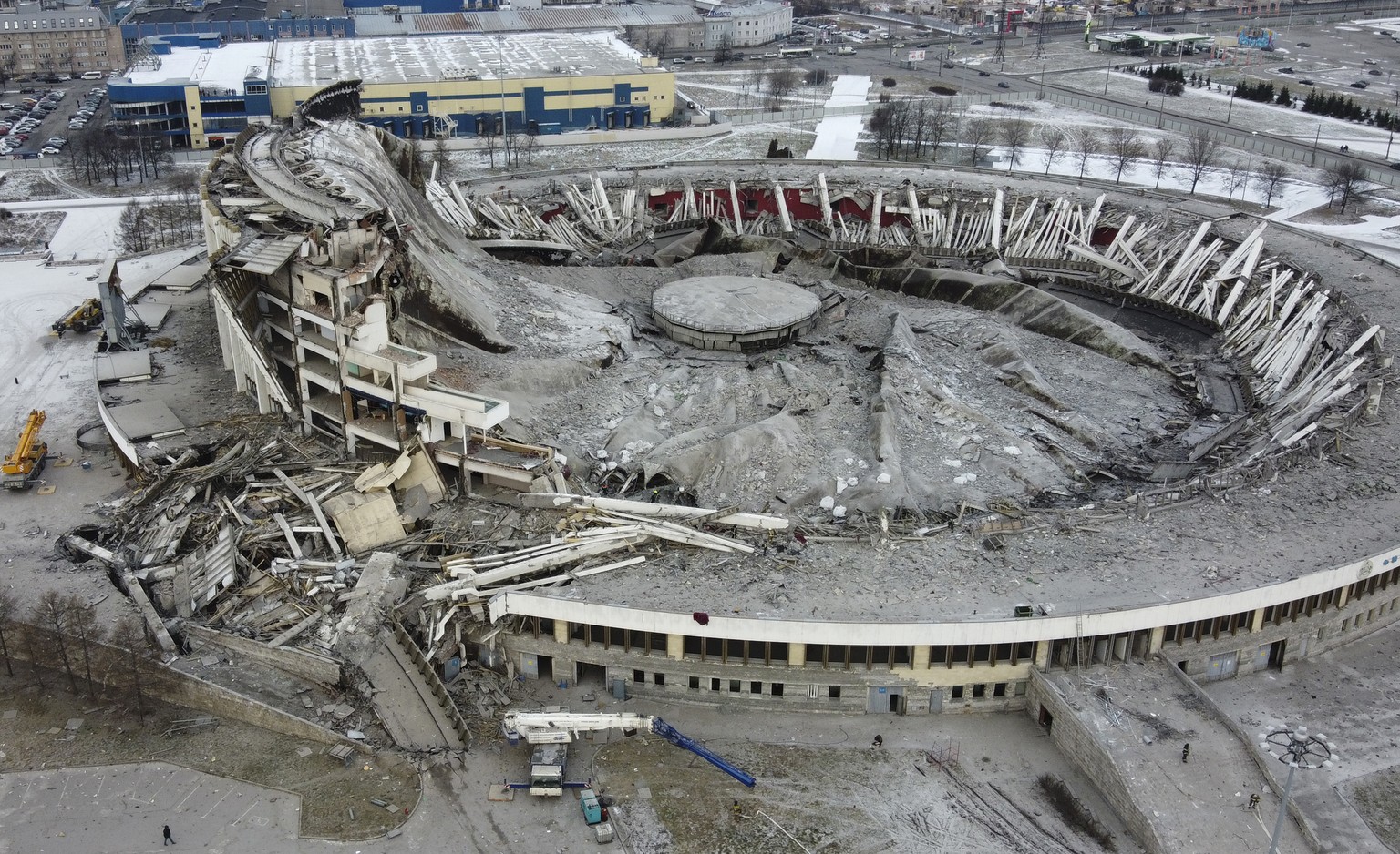 A view of stadium, sports and concert complex Petersburgsky, collapsed during disassembly of the roof in St.Petersburg, Russia, Friday, Jan. 31, 2020. The Peterburgsky stadium, one of the biggest stad ...