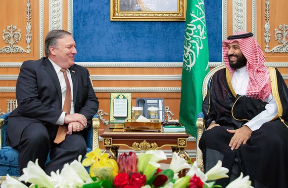 epa07097314 A handout photo made available by Saudi Royal Palace shows US Secretary of State Michael R. Pompeo (L) meeting with Saudi Crown Prince Mohammed bin Salman in Riyadh, Saudi Arabia, 16 Octob ...
