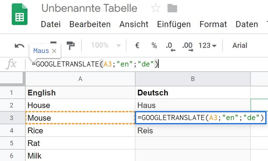 Googles Tabellenkalkulation leistet auch als Übersetzungs-Tool gute Dienste.