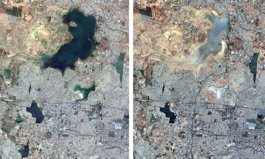 Diese Satellitenbilder vom 15. Juni 2018 (links) und 15. Juni 2019 zeigen, wie stark die Grösse des Puzhal-Lake-Reservoirs in Chennai abgenommen hat.