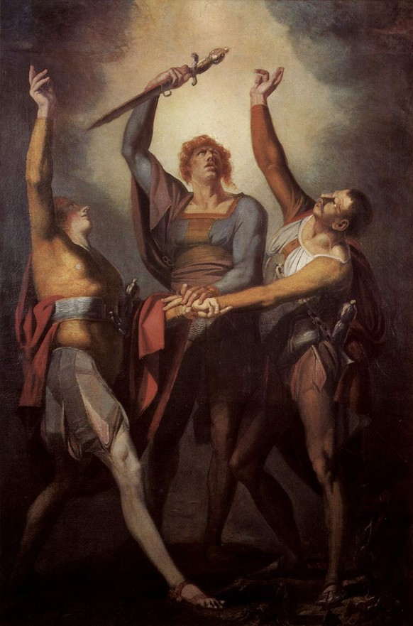 Die drei Eidgenossen beim Schwur auf dem Rütli (Ölgemälde von Johann Heinrich Füssli, 1780) 
wikimedia