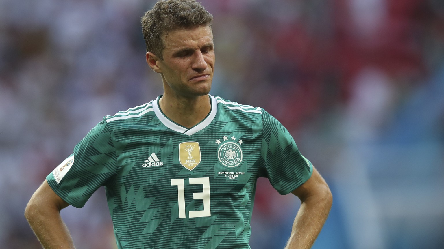 Germany&#039;s Thomas Mueller leaves the pith at the end of the group F match between South Korea and Germany, at the 2018 soccer World Cup in the Kazan Arena in Kazan, Russia, Wednesday, June 27, 201 ...