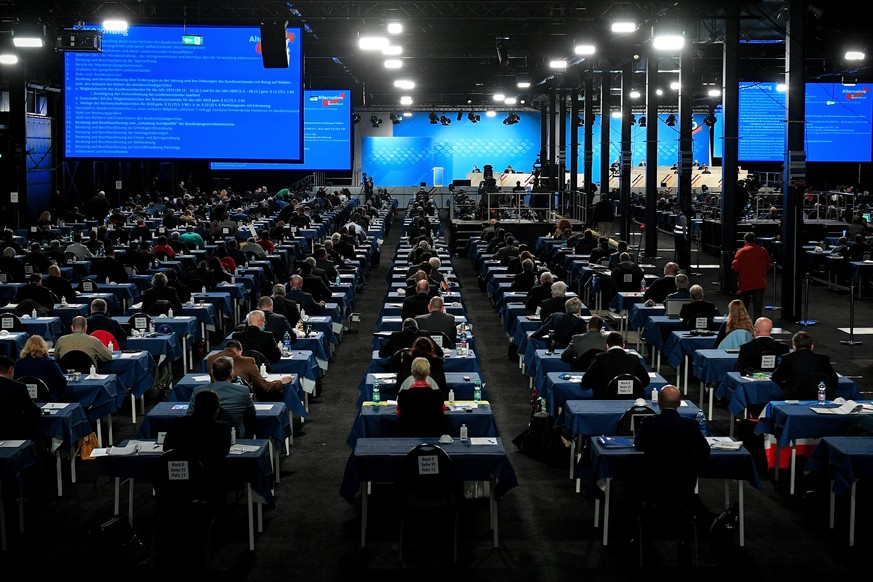 epa08848632 Delegates attend Germany&#039;s right-wing populist Alternative for Germany (AfD) party convention with 600 delegates in Kalkar, Germany, 28 November 2020. Despite the Corona pandemic, the ...