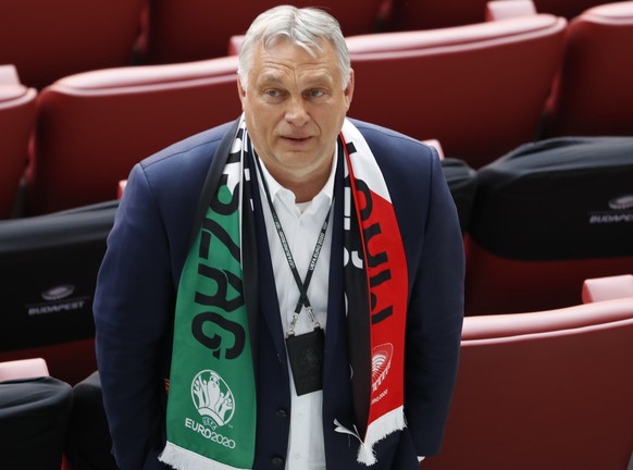 Hungary&#039;s Prime Minister Viktor Orban attends the Euro 2020 soccer championship group F match between Hungary and Portugal at the Ferenc Puskas stadium in Budapest, Hungary, Tuesday, June 15, 202 ...