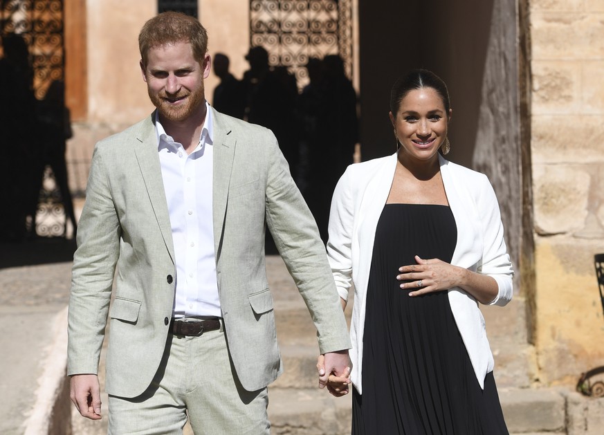 FILE - In this Monday, Feb. 25, 2019 file photo, Britain&#039;s Prince Harry and Meghan, Duchess of Sussex visit the Andalusian Gardens in Rabat, Morocco, Monday, Feb. 25, 2019. Princess Diana’s littl ...