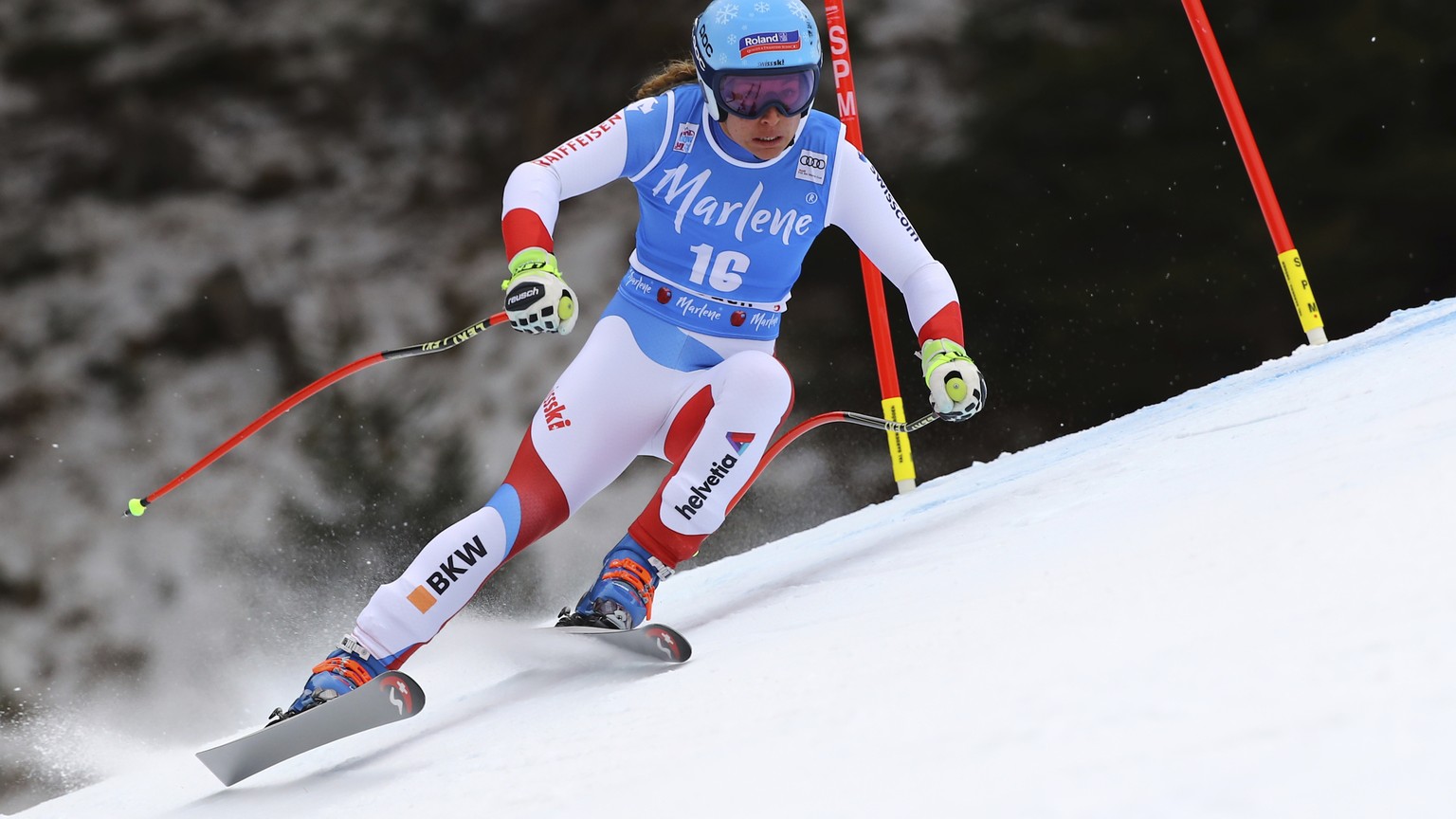Switzerland&#039;s Jasmine Flury competes during an alpine ski, women&#039;s World Cup Super-G, in Val Gardena, Italy, Wednesday, Dec. 19, 2018. (AP Photo/Marco Trovati)