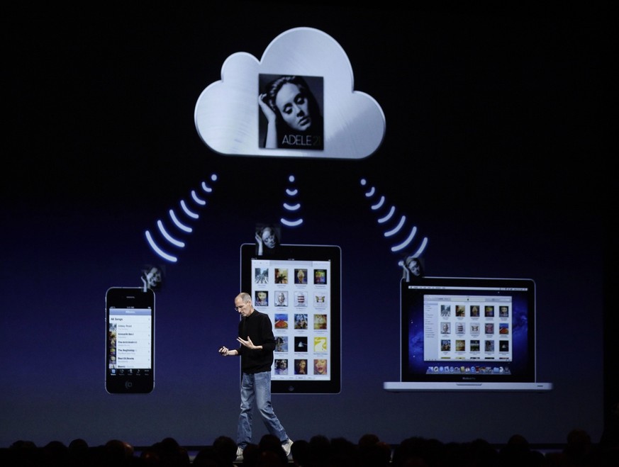 Apple CEO Steve Jobs talks about the music component of iCloud at the Worldwide Developers Conference in San Francisco, Monday, June 6, 2011. (AP Photo/Marcio Jose Sanchez)
