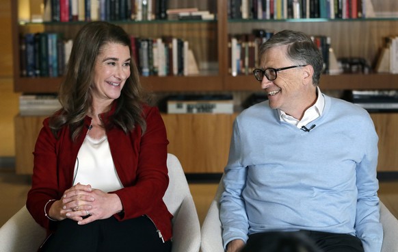 FILE - In this Feb. 1, 2019, file photo, Bill and Melinda Gates look toward each other and smile while being interviewed in Kirkland, Wash. The George W. Bush Presidential Center is honoring the Gates ...