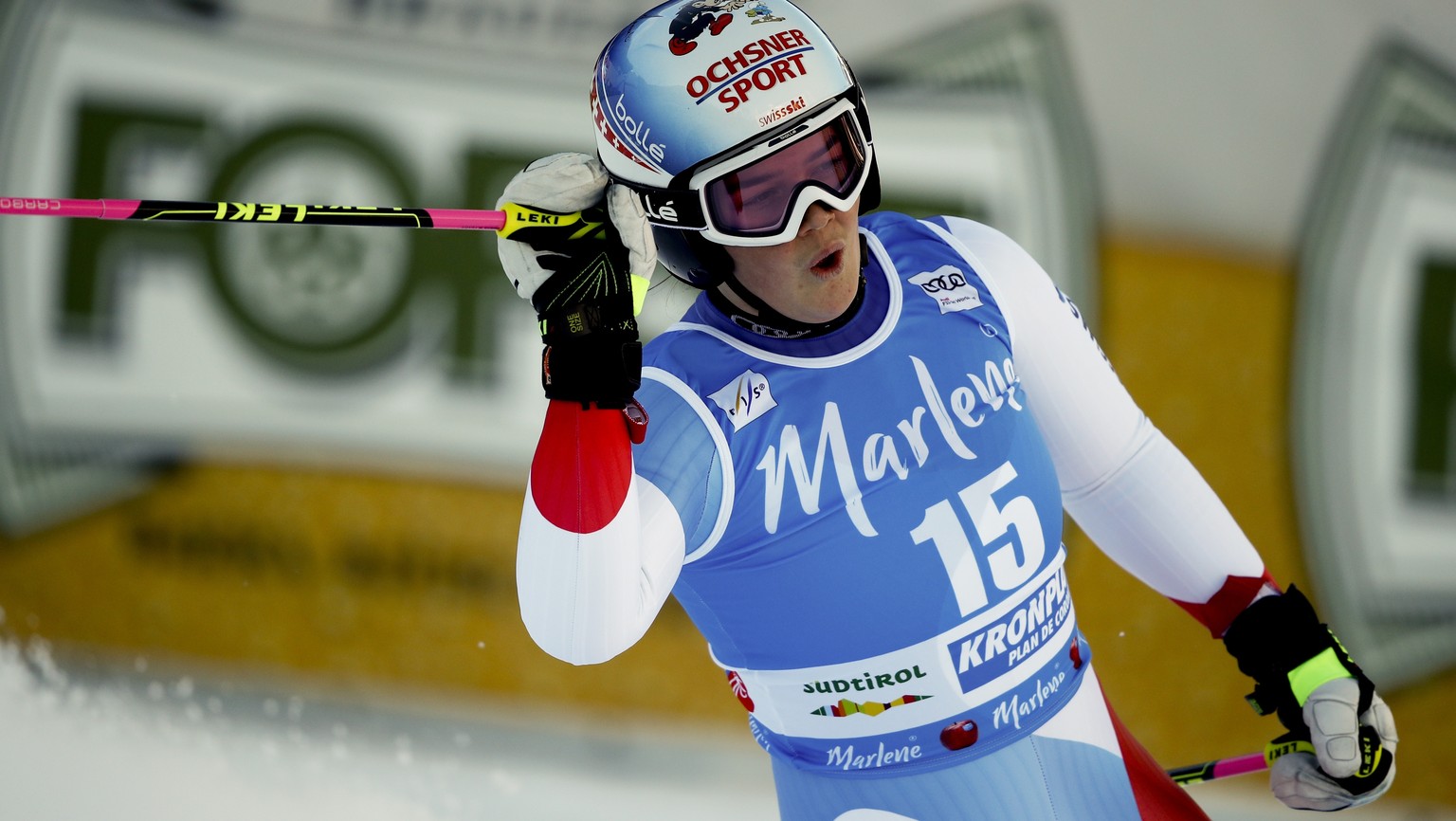 Switzerland&#039;s Melanie Meillard gets to the finish area after completing an alpine ski, women&#039;s World Cup giant slalom at the Kronplatz resort, in San Vigilio di Marebbe, Italy, Tuesday, Jan. ...