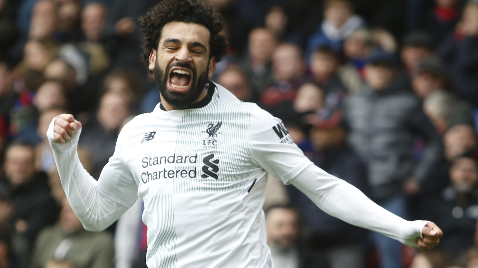 Liverpool&#039;s Mohamed Salah celebrates after scoring his side&#039;s second goal of the game, during the English Premier League soccer match between Crystal Palace and Liverpool at Selhurst Park st ...