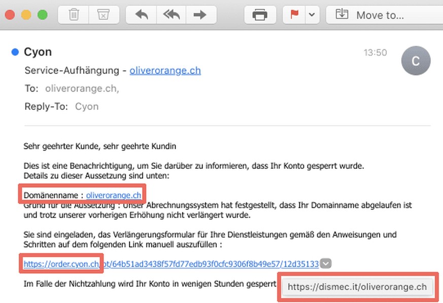 Phishing-E-Mail im Namen des Schweizer Webhosting-Anbieters Cyon.