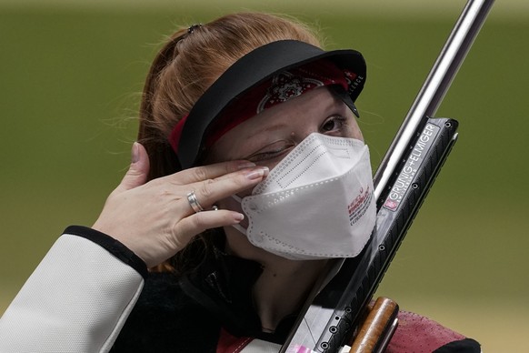 Nina Christen, of Switzerland, after the women&#039;s 50-meter 3 positions rifle at the Asaka Shooting Range in the 2020 Summer Olympics, Saturday, July 31, 2021, in Tokyo, Japan. Christen took the go ...