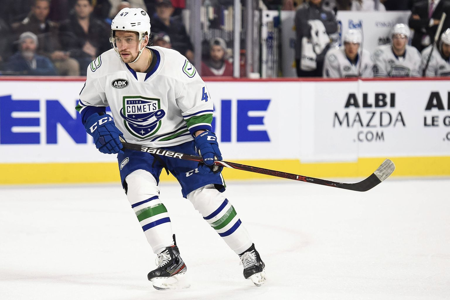 LAVAL, QC - FEBRUARY 05: Utica Comets left wing Sven Baertschi (47) tracks the play during the Utica Comets versus the Laval Rocket game on February 05, 2020, at Place Bell in Laval, QC (Photo by Davi ...