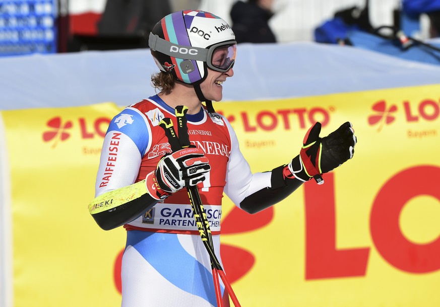 Switzerland&#039;s Marco Odermatt reacts as he arrives at the finish area during an alpine ski, men&#039;s World Cup super-G race in Garmisch-Partenkirchen, Germany, Saturday, Feb. 6, 2021. (AP Photo/ ...