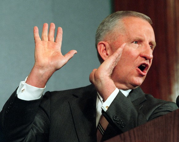 Reform Party Presidential candidate Ross Perot speaks at the National Press Club in Washington Thursday Oct. 24, 1996 where he called Republican Presidential candidate Bob Dole&#039;s effort to persua ...