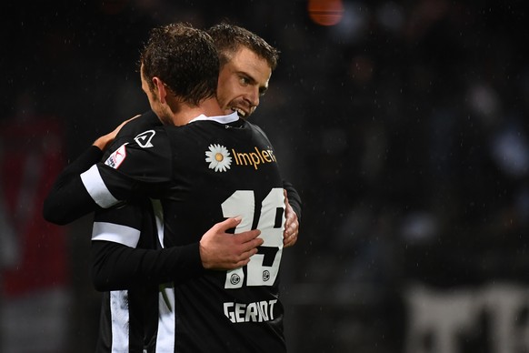 Lugano&#039;s player Alexander Gerndt, left, and Lugano&#039;s player Domen Crnigoj, right, celebrate the 1-0 goal during the Swiss Cup Round of 16 between FC Lugano and Neuchatel Xamax, at the Coranr ...