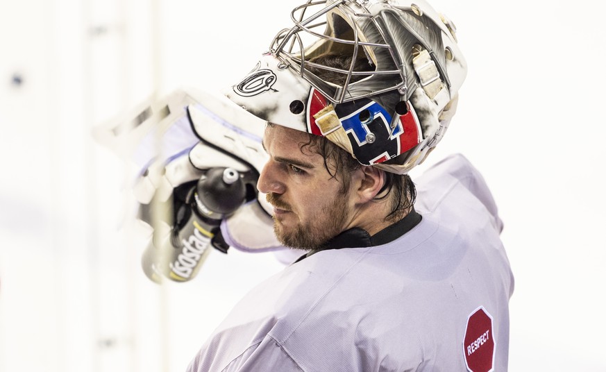 Switzerland&#039;s Reto Berra during a training session of the Swiss team at the IIHF 2019 World Ice Hockey Championships, at the Steel Arena in Kosice, Slovakia, on Wednesday, May 22, 2019. (KEYSTONE ...