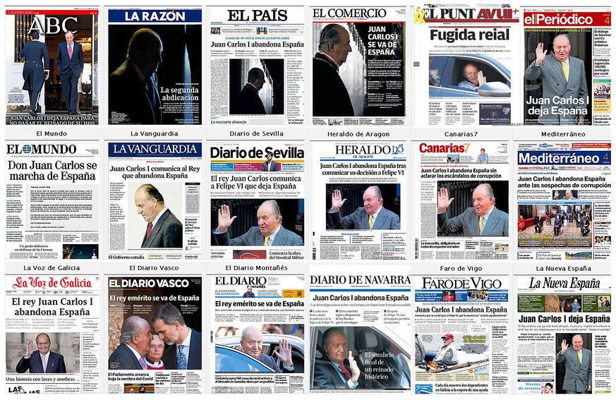 epa08583122 News of Spain&#039;s former King Juan Carlos, 82, leaving Spain to protect the Spanish Monarchy&#039;s image after corruption allegations surfaced against him, dominate the frontpages of S ...