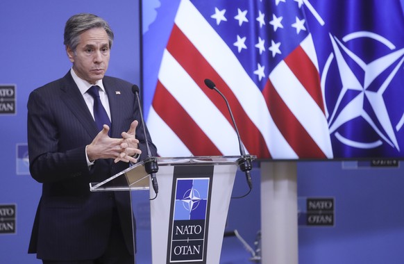 U.S. Secretary of State Antony Blinken speaks during a news conference at the end of a NATO Foreign Affairs Ministers meeting at NATO headquarters in Brussels, Wednesday, March 24, 2021. (Olivier Hosl ...