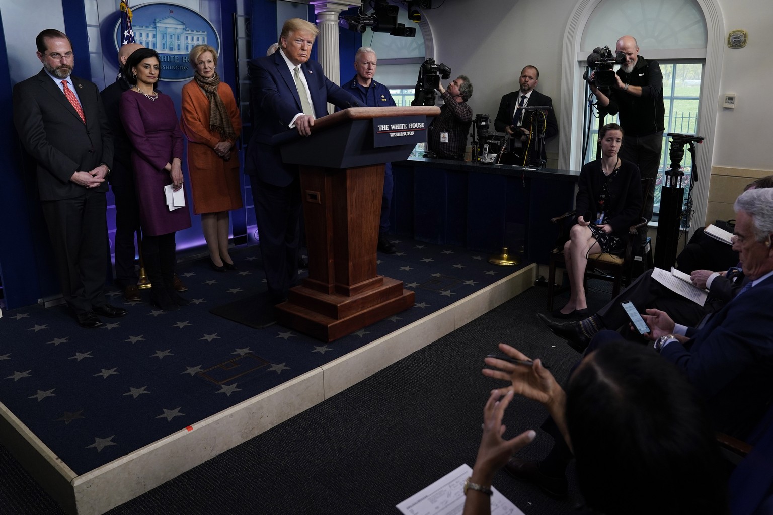 President Donald Trump takes questions during a press briefing with the coronavirus task force, in the Brady press briefing room at the White House, Tuesday, March 17, 2020, in Washington. (AP Photo/E ...
