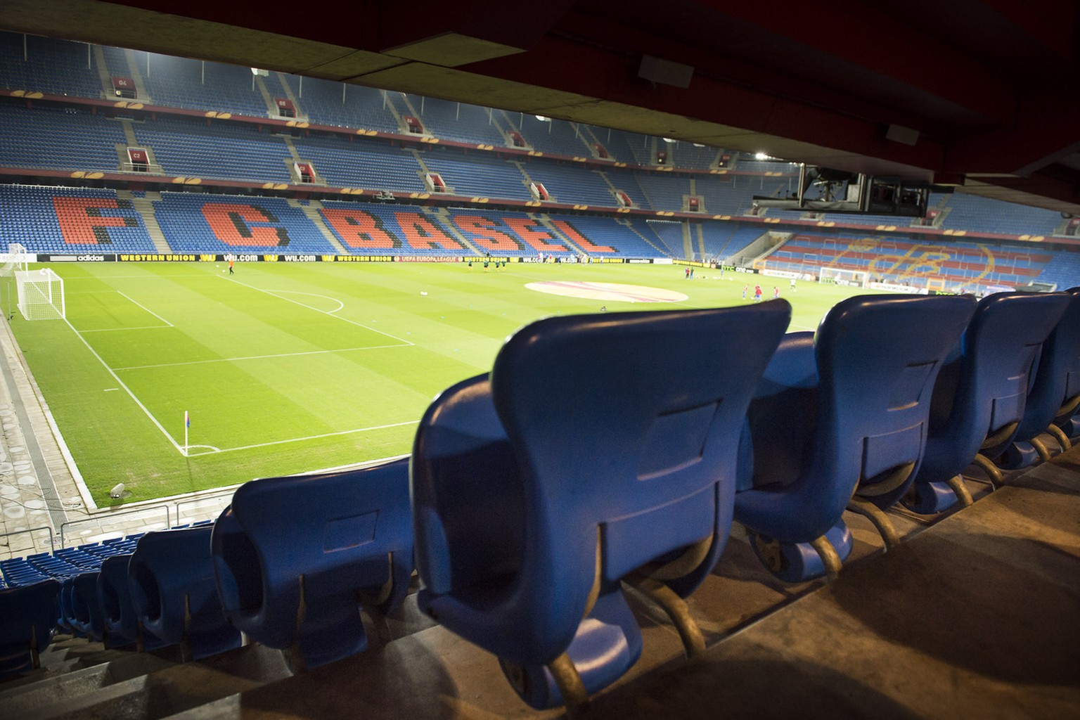 A general view of the stadium with empty chairs are pictured before the UEFA Europa League quarter final first leg soccer match between Switzerland&#039;s FC Basel 1893 and Spain&#039;s Valencia CF be ...