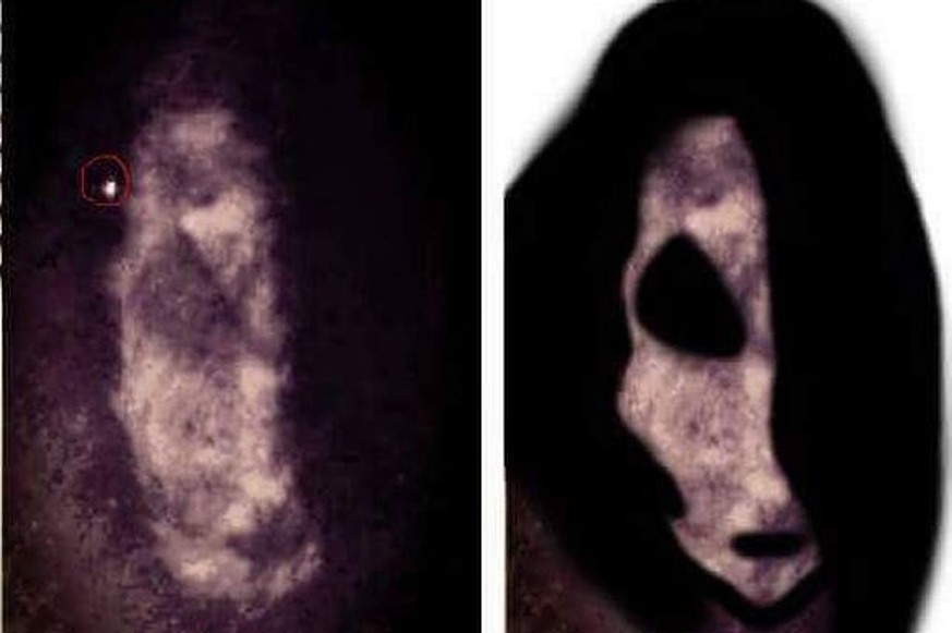 Links: Nahaufnahme des Original-Überwachungsmaterials aus dem Spukhaus, auf dem im Spiegel ein Gesicht zu erkennen ist. Ein Ziegenkopf? Rechts: Bearbeitete Version.