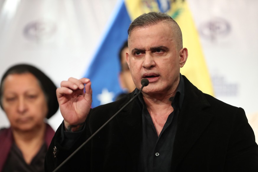 epa07456946 Venezuelan Attorney General Tarek William Saab delivers a press conference after a meeting with Tania Diaz, First Vice President of the National Constituent Assembly, in Caracas, Venezuela ...