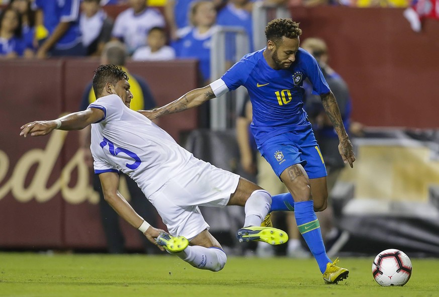 September 11, 2018: El Salvador Defender 3 Roberto Dominguez dives to poke the ball away from Brazil Forward 10 Neymar Jr during an International Friendly L