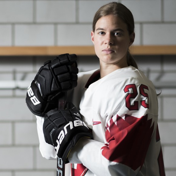Portrait of Alina Mueller, ice hockey player, taken at the locker room of the ice rink &quot;Zielbau Arena&quot; in Winterthur, Switzerland, on July 30, 2018. With her game-winning goal in the bronze  ...