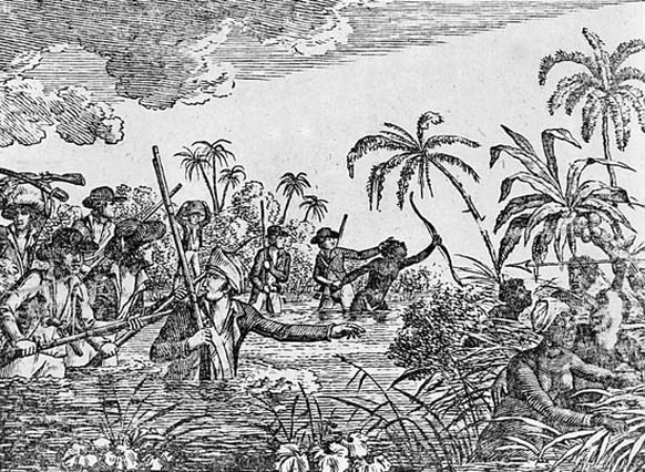 Einheimische in Westafrika flüchten vor Sklavenhändlern, Westafrika, 18. Jahrhundert