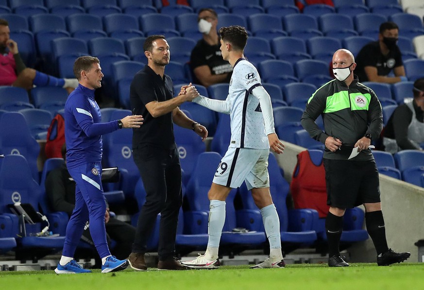 Brighton and Hove Albion v Chelsea - Premier League - AMEX Stadium Chelsea s Kai Havertz shakes hands with manager Frank Lampard after being subbed during the Premier League match at the AMEX Stadium, ...