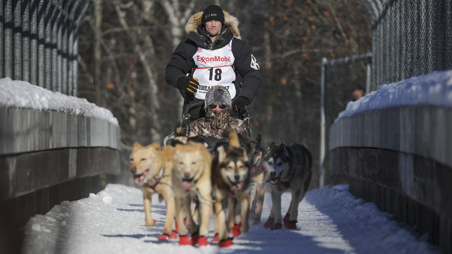 FILE- In this March 4, 2017, file photo, four-time and defending champion Dallas Seavey mushes during the ceremonial start of the Iditarod Trail Sled Dog Race in Anchorage, Alaska. Seavey denies he ad ...