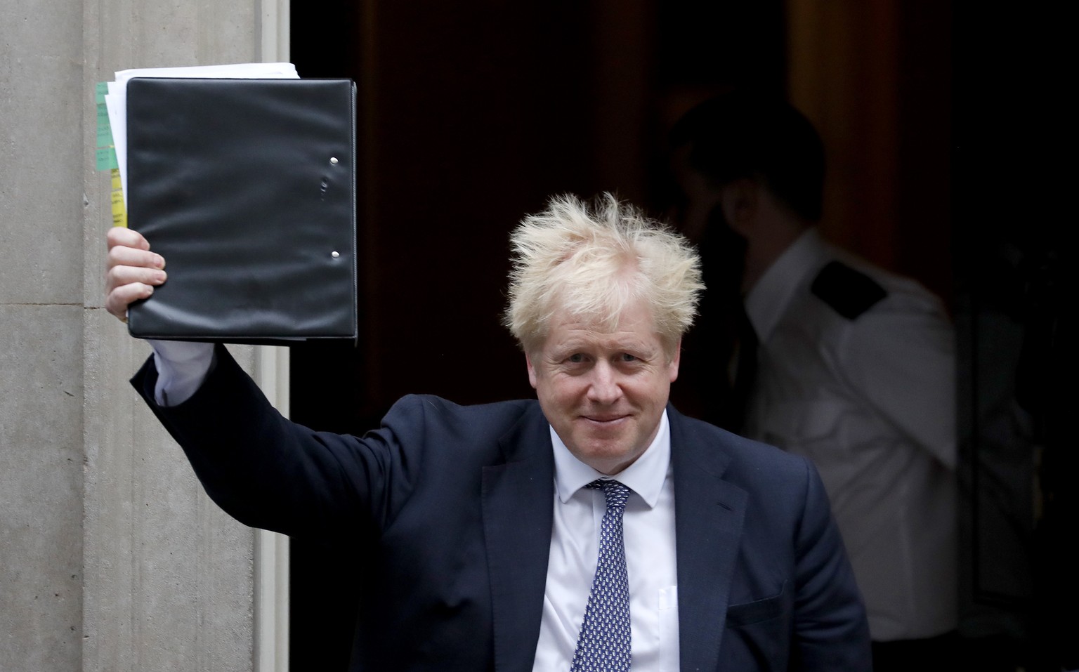 Britain&#039;s Prime Minister Boris Johnson leaves 10 Downing Street to attend the weekly Prime Ministers&#039; Questions session, in parliament in London, Wednesday, Oct. 23, 2019. (AP Photo/Frank Au ...