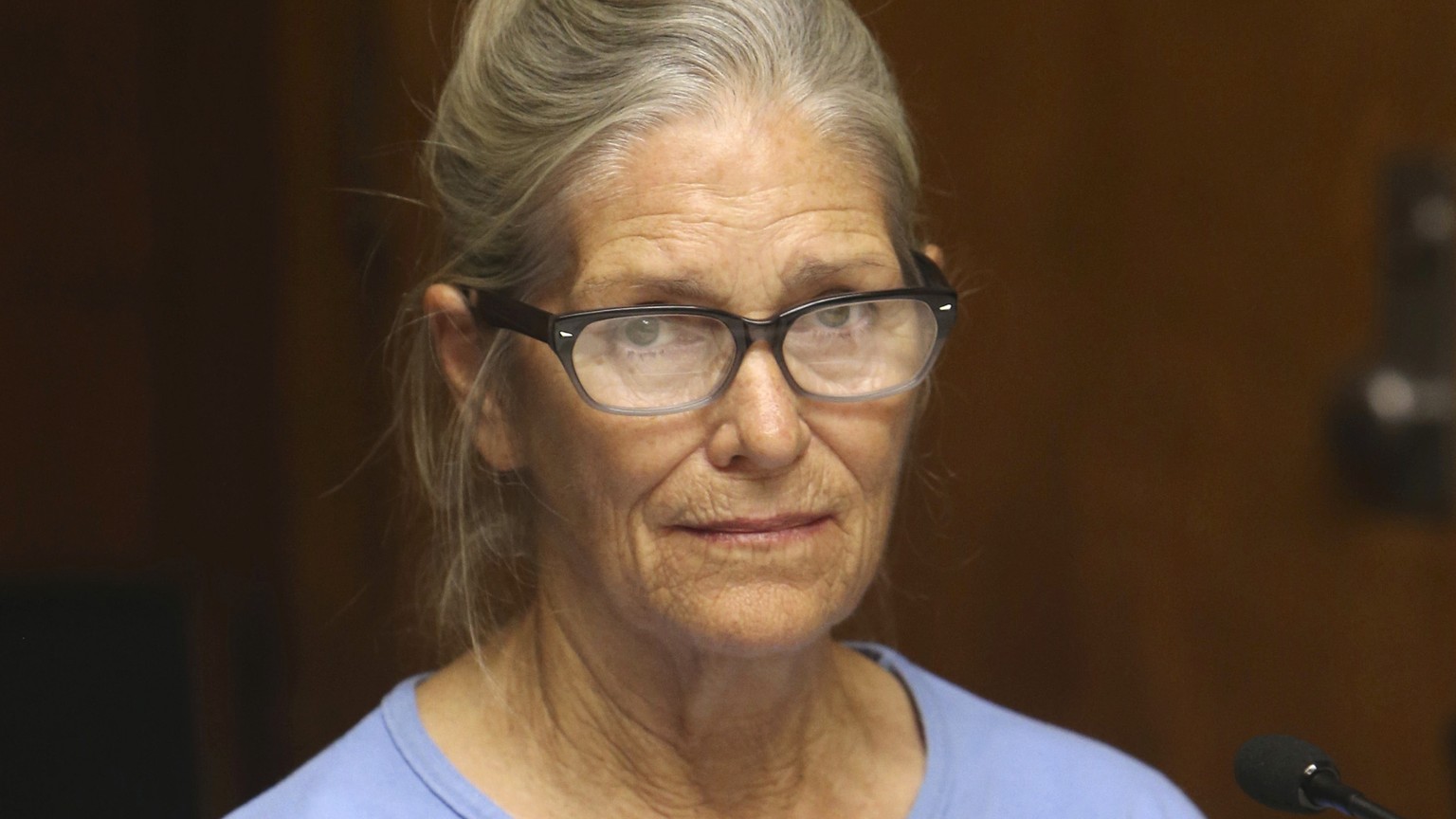 FILE - Leslie Van Houten attends her parole hearing at the California Institution for Women Sept. 6, 2017 in Corona, Calif. A California appeals court says Charles Manson follower Van Houten should be ...
