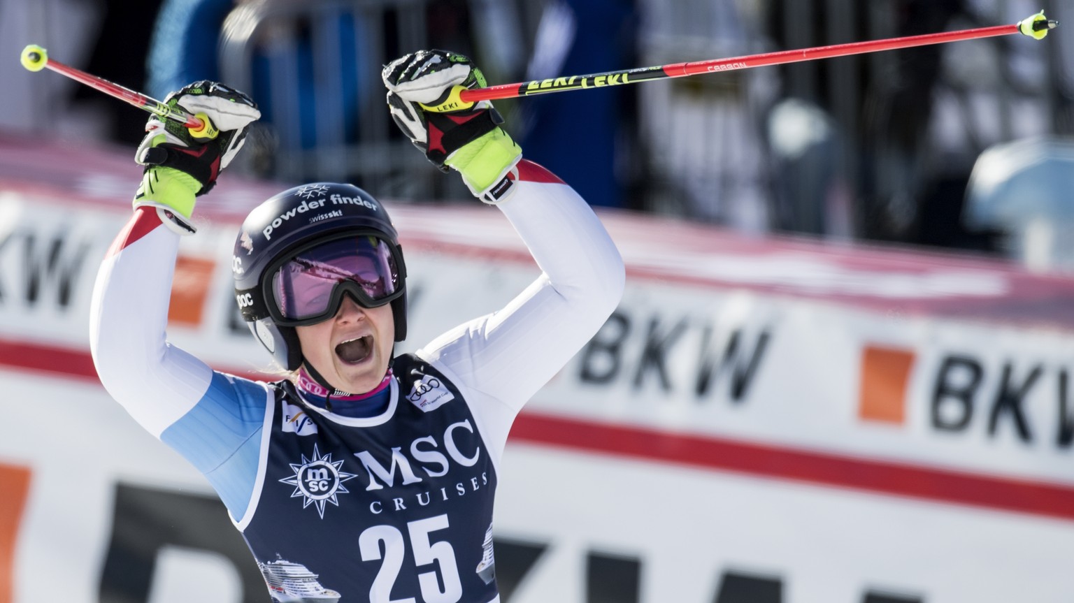 Simone Wild of Switzerland reacts in the finish area during the second run of the women&#039;s Giant-Slalom race at the Alpine Skiing FIS Ski World Cup in Lenzerheide, Switzerland, Saturday, January 2 ...