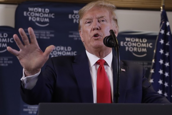 US President Donald Trump speaks during a news conference at the World Economic Forum in Davos, Switzerland, Wednesday, Jan. 22, 2020. Trump&#039;s two-day stay in Davos is a test of his ability to ba ...