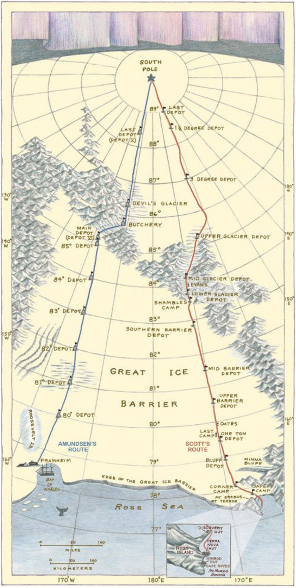 Die verschiedenen Routen von Scott und Amundsen zum Südpol.