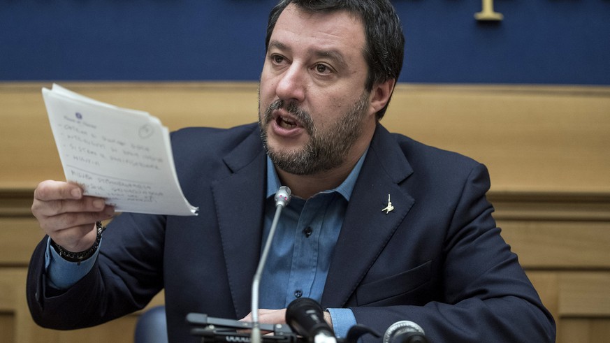 Leader of The League party, Matteo Salvini, meets the media during a news conference at the chamber of deputies in Rome, Tuesday, March 3, 2020. (Roberto Monaldo/LaPresse via AP)