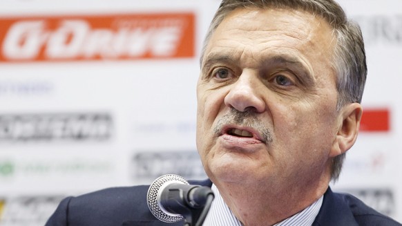 epa05315970 A file photograph showing Swiss, Rene Fasel, President of the International Ice Hockey Federation, IIHF, who speak to the media during a press conference at the IIHF 2016 World Championshi ...
