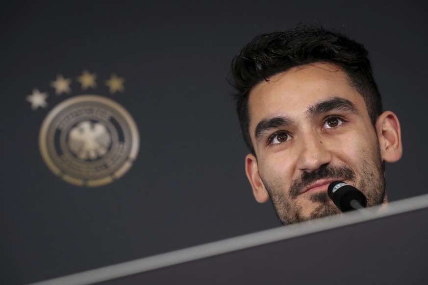 Germany&#039;s national soccer player Ilkay Gundogan attends a news conference, in Berlin, Germany, Sunday, March 25, 2018. Germany will face Brazil in an international friendly soccer match on Tuesda ...
