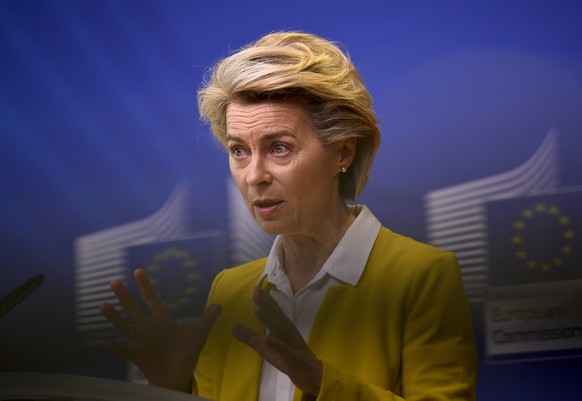 European Commission President Ursula von der Leyen delivers a statement after a meeting of the college of commissioners at EU headquarters in Brussels, Wednesday, April 14, 2021. EU Commission chief U ...
