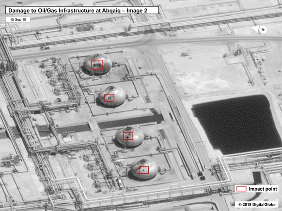 epa07846913 A handout photo made available by the US Government and DigitalGlobe shows the aftermath of an alleged drone attack on the Abqaiq oil field in eastern Saudi Arabia, 15 September 2019 (issu ...