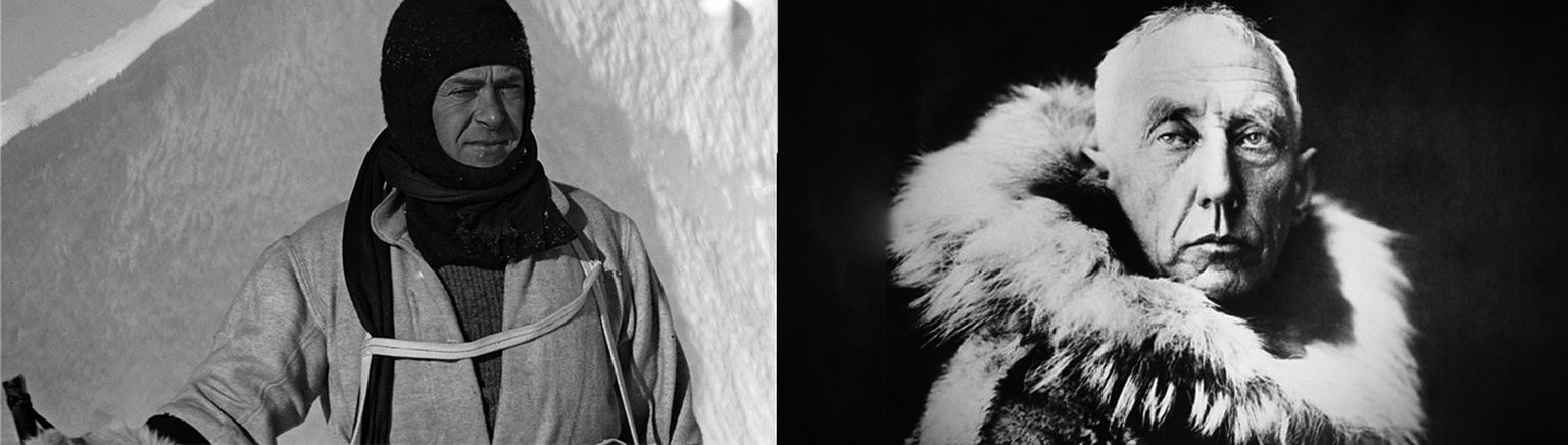 Links ist der Brite Robert Falcon Scott auf seiner Terra-Nova-Expedition zu sehen, rechts der Norweger Roald Amundsen auf einer dramatischen Studioaufnahme.