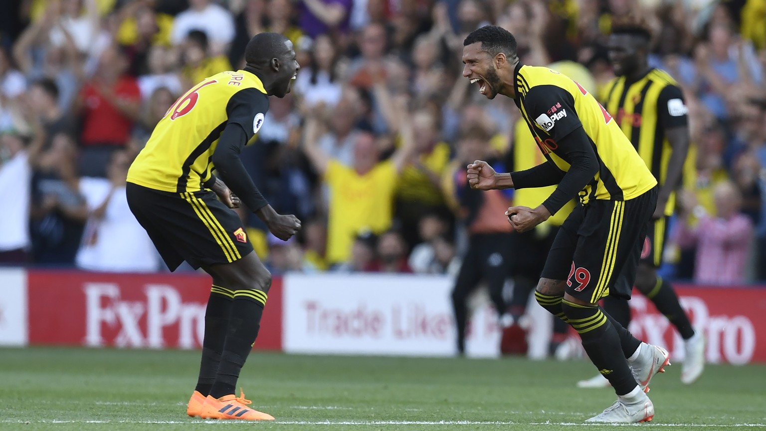 epa06992994 Watford&#039;s Abdoulaye Doucoure (L) and Etienne Capoue (R) celebrate their win after the English Premier League soccer match between Watford and Tottenham at Vicarage Road, Watford, Lond ...