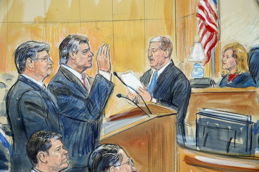 This courtroom sketch depicts former Donald Trump campaign chairman Paul Manafort, center, and his defense lawyer Richard Westling, left, before U.S. District Judge Amy Berman Jackson, seated upper ri ...